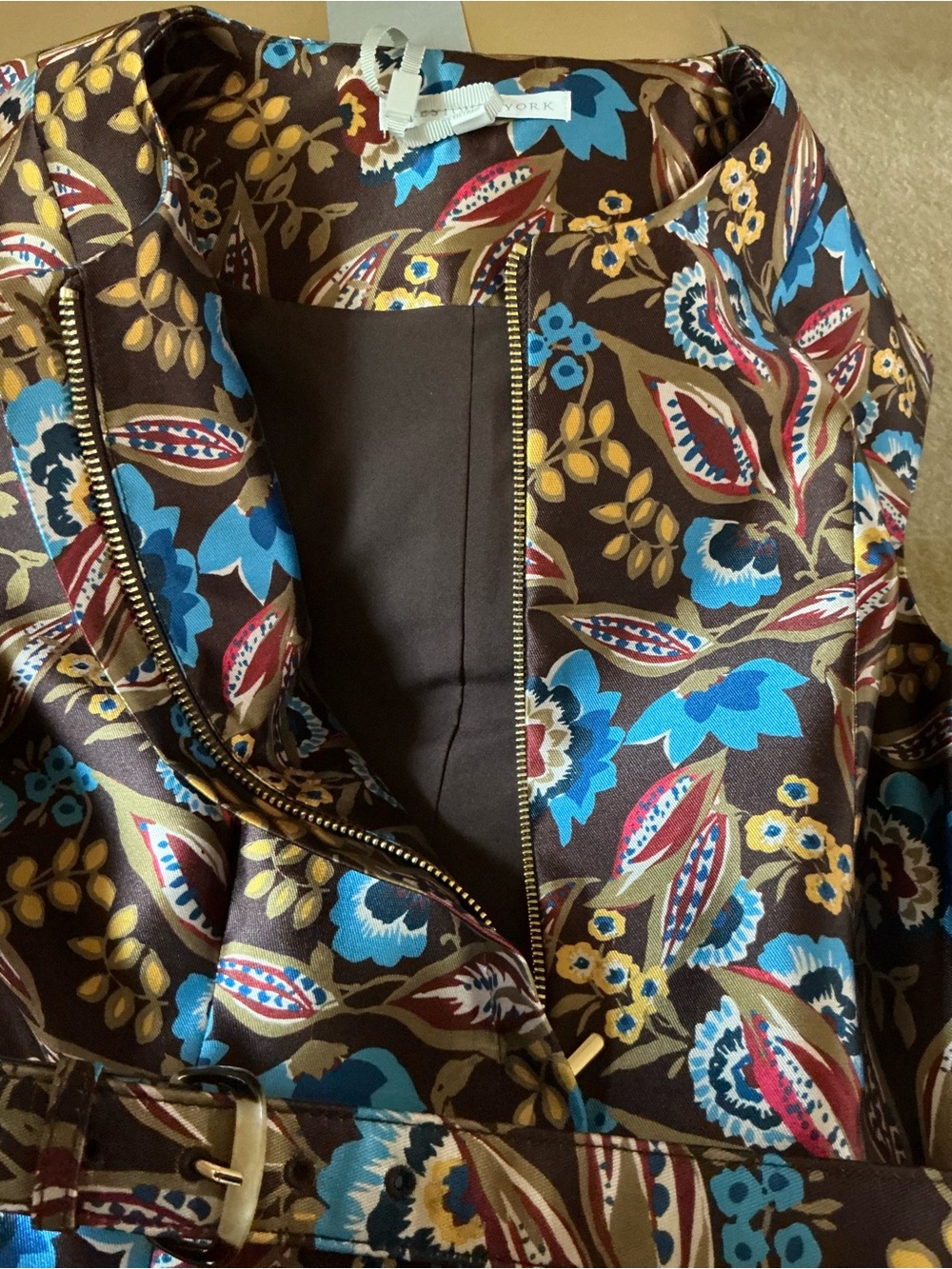 Preston & York Brown Floral Cap-Sleeve Belted Top with Blue Accents - Picture 7 of 8